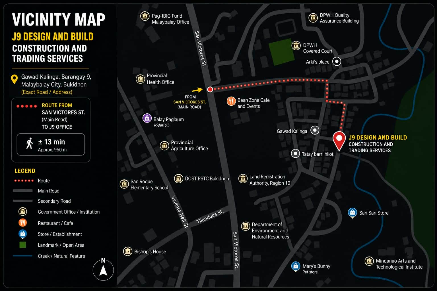 Vicinity map showing the route from San Victores St. to the J9 Design and Build office in Gawad Kalinga, Barangay 9, Malaybalay City, Bukidnon